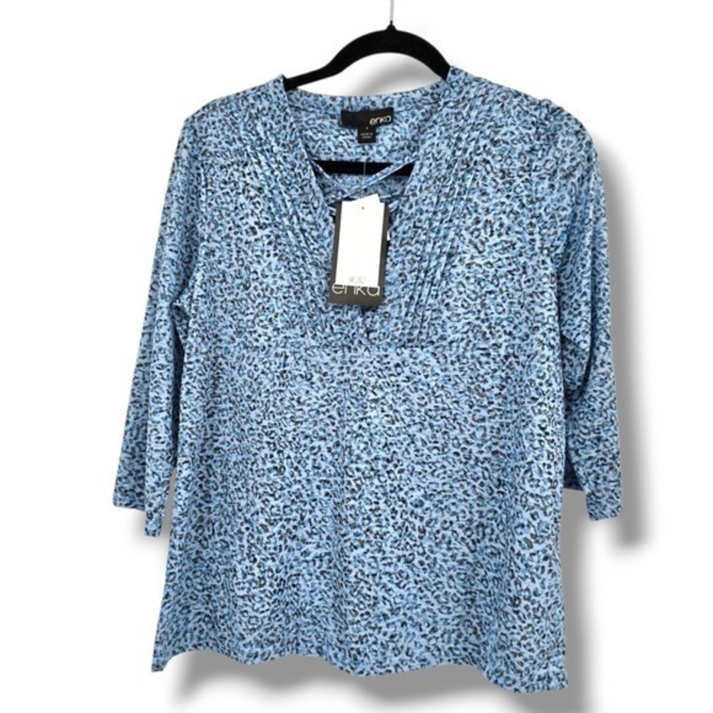New Erika Blouse Top Criss Cross Neck 3/4 Sleeve Animal Print Blue‎ Small